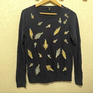 Vintage Talbots sweater top size med navy blue with feathers design